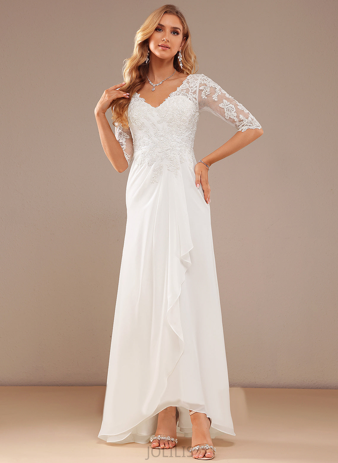 Chiffon Asymmetrical Ruffle Lace With Harper Lace V-neck A-Line Wedding Dresses Wedding Dress