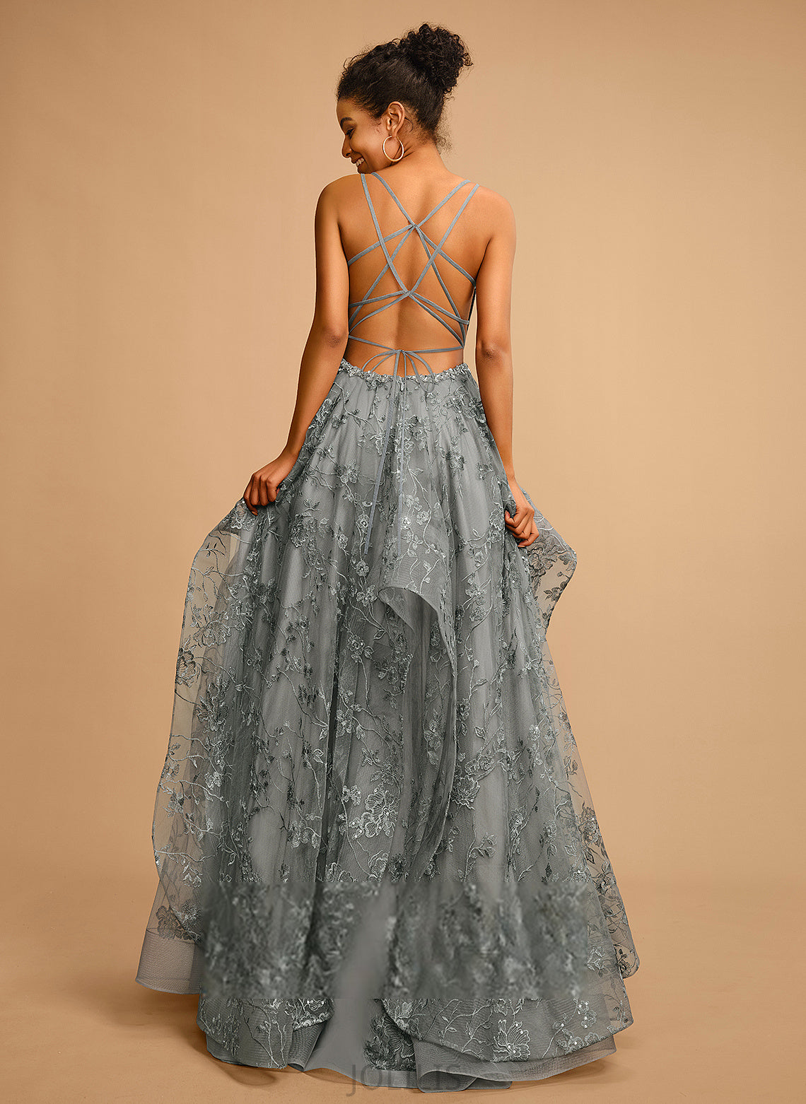 Floor-Length Lace Ball-Gown/Princess Prom Dresses V-neck Catalina Tulle