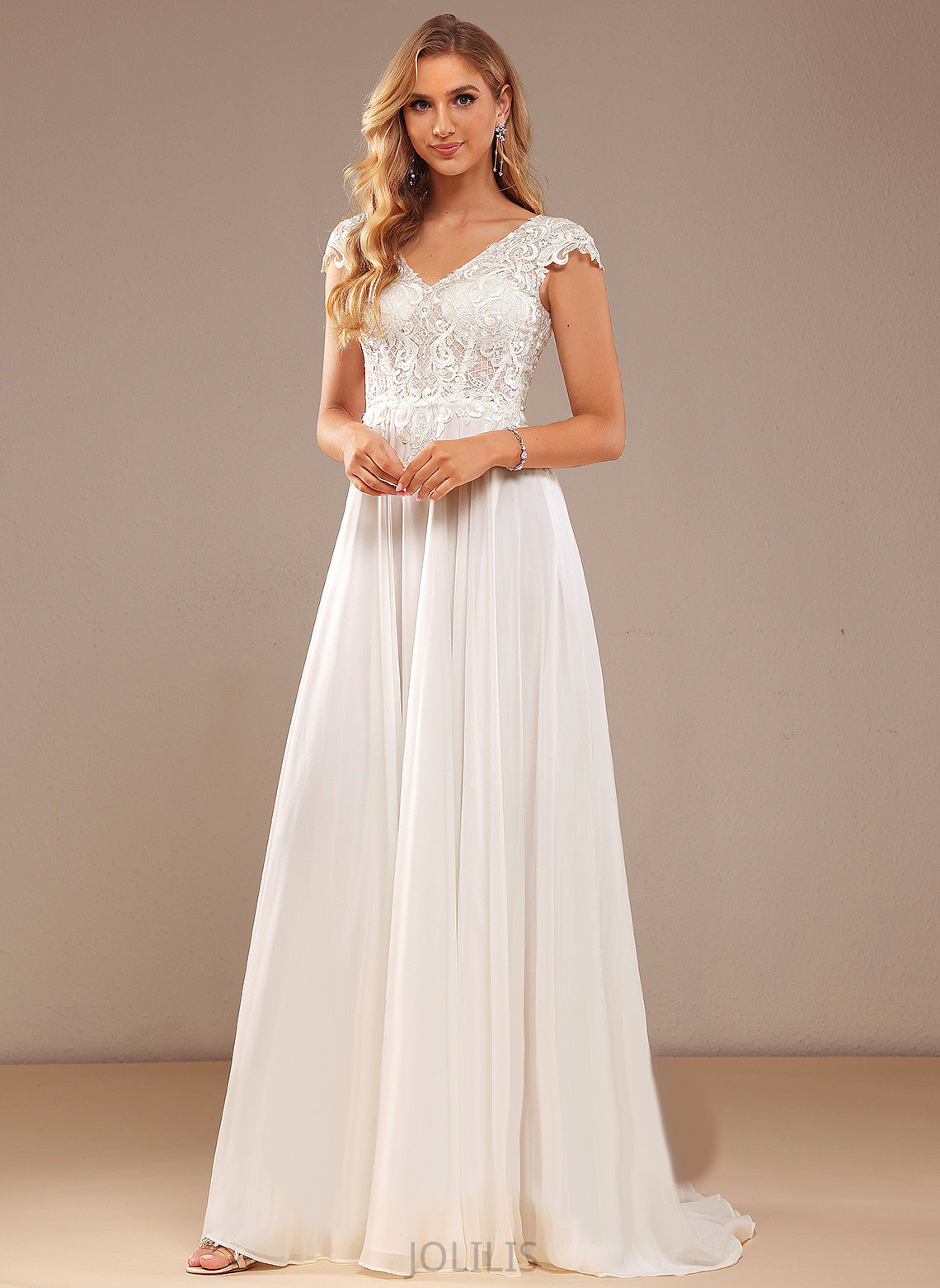 Wedding Dress With A-Line Wedding Dresses Lace Chiffon Sweep V-neck Lace Karen Train