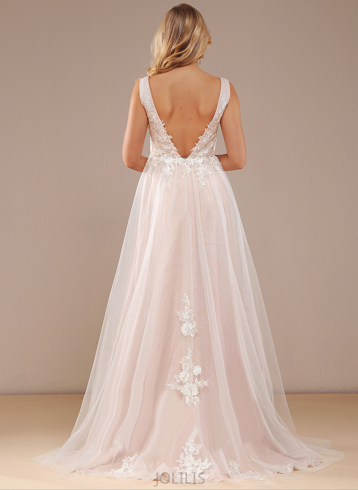 Ball-Gown/Princess Lesley Train Sweep Wedding Dresses Lace Lace V-neck Tulle Dress With Wedding