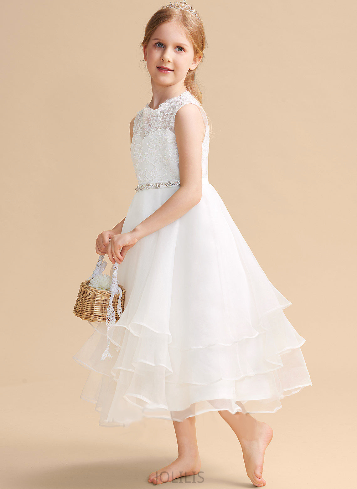 Essence Tea-length Flower Girl Dresses Sleeveless Neck With A-Line - Scoop Dress Flower Organza/Lace Beading/Rhinestone Girl