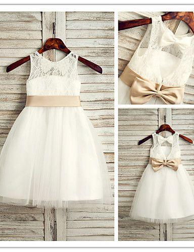 A-line Cute Ivory Lace Top Tulle Sleeveless Flower Girl Dress with Bowknot,F005