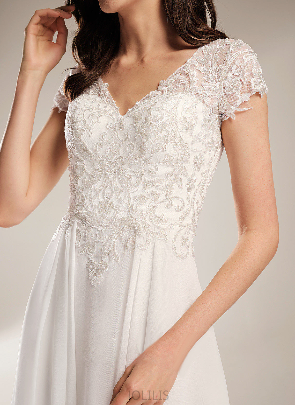 Chiffon Dress Lace Asymmetrical Wedding Dresses V-neck Lillianna Wedding A-Line