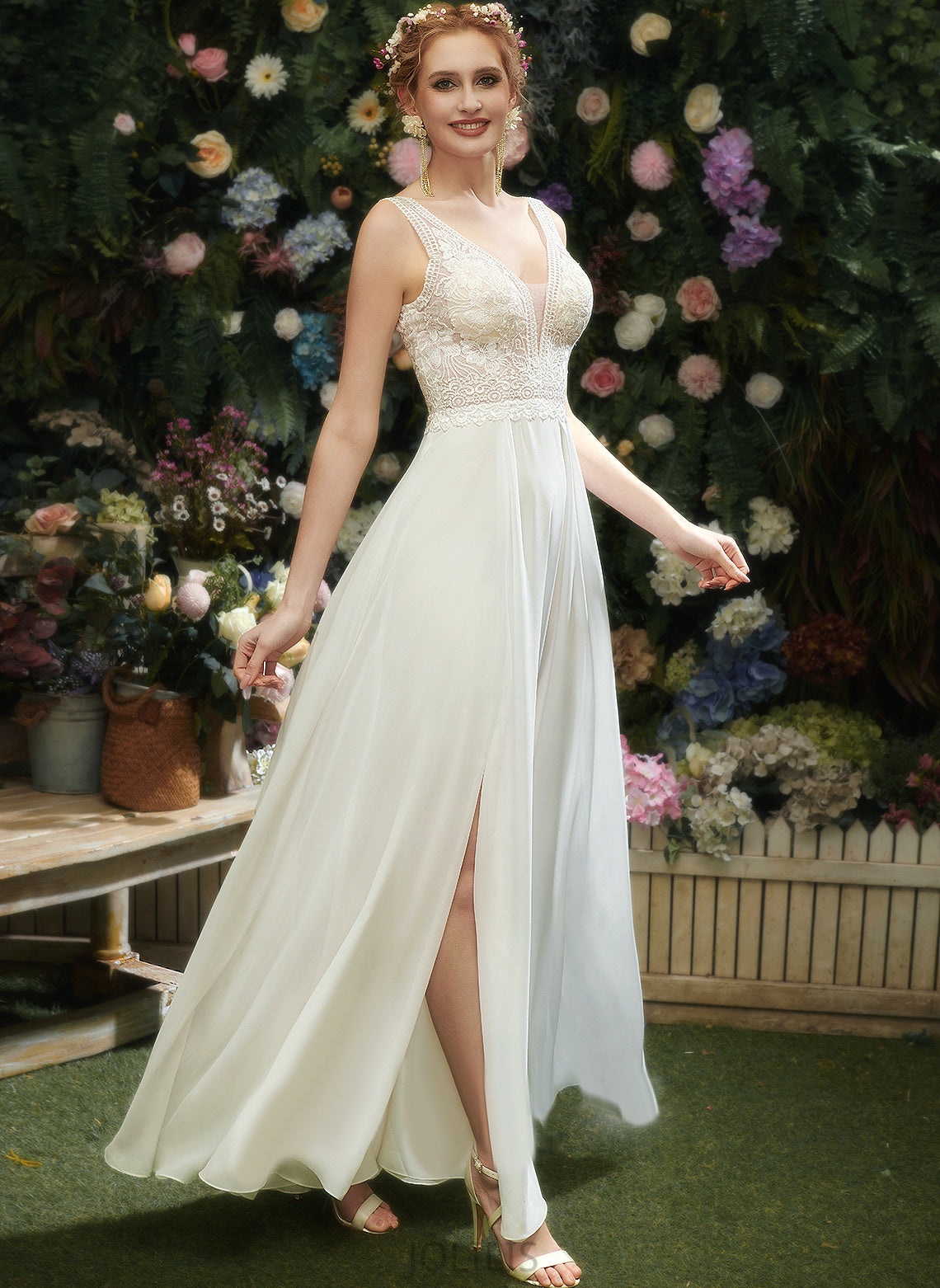 Split A-Line Floor-Length Wedding V-neck Lace Meg Sequins Wedding Dresses Front Dress Chiffon With