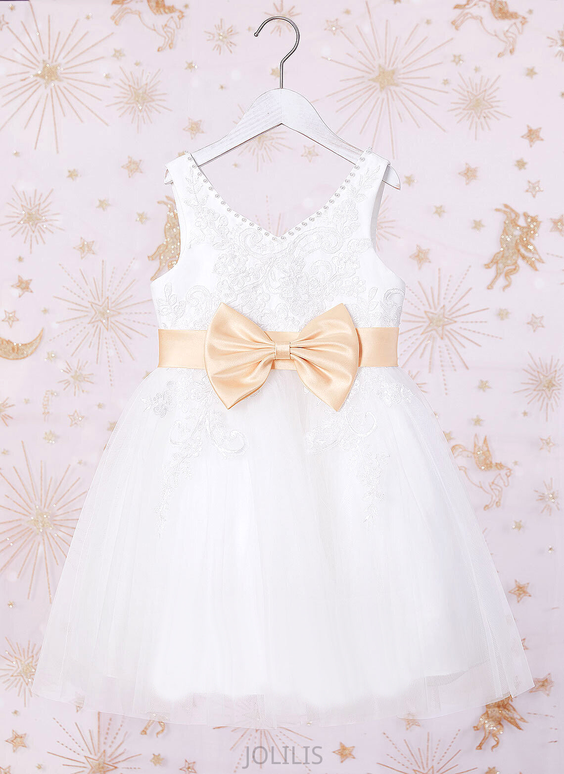 '- Dress Sleeveless Gloria Sash/Beading/Bow(s) Tulle/Lace Knee-length V-neck Flower Girl Dresses With Girl Flower A-Line