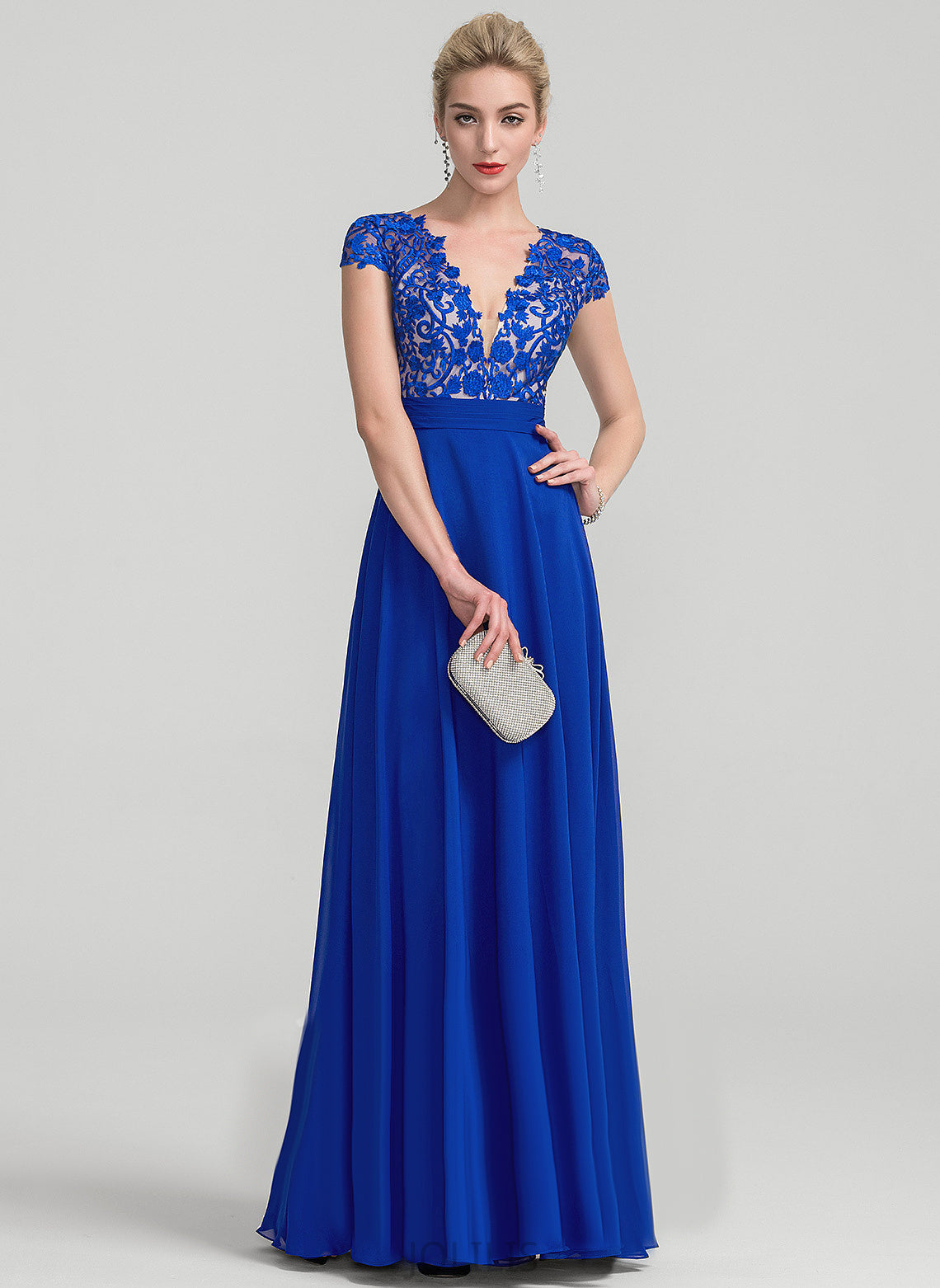 V-neck Prom Dresses Chiffon A-Line Floor-Length Laci Lace