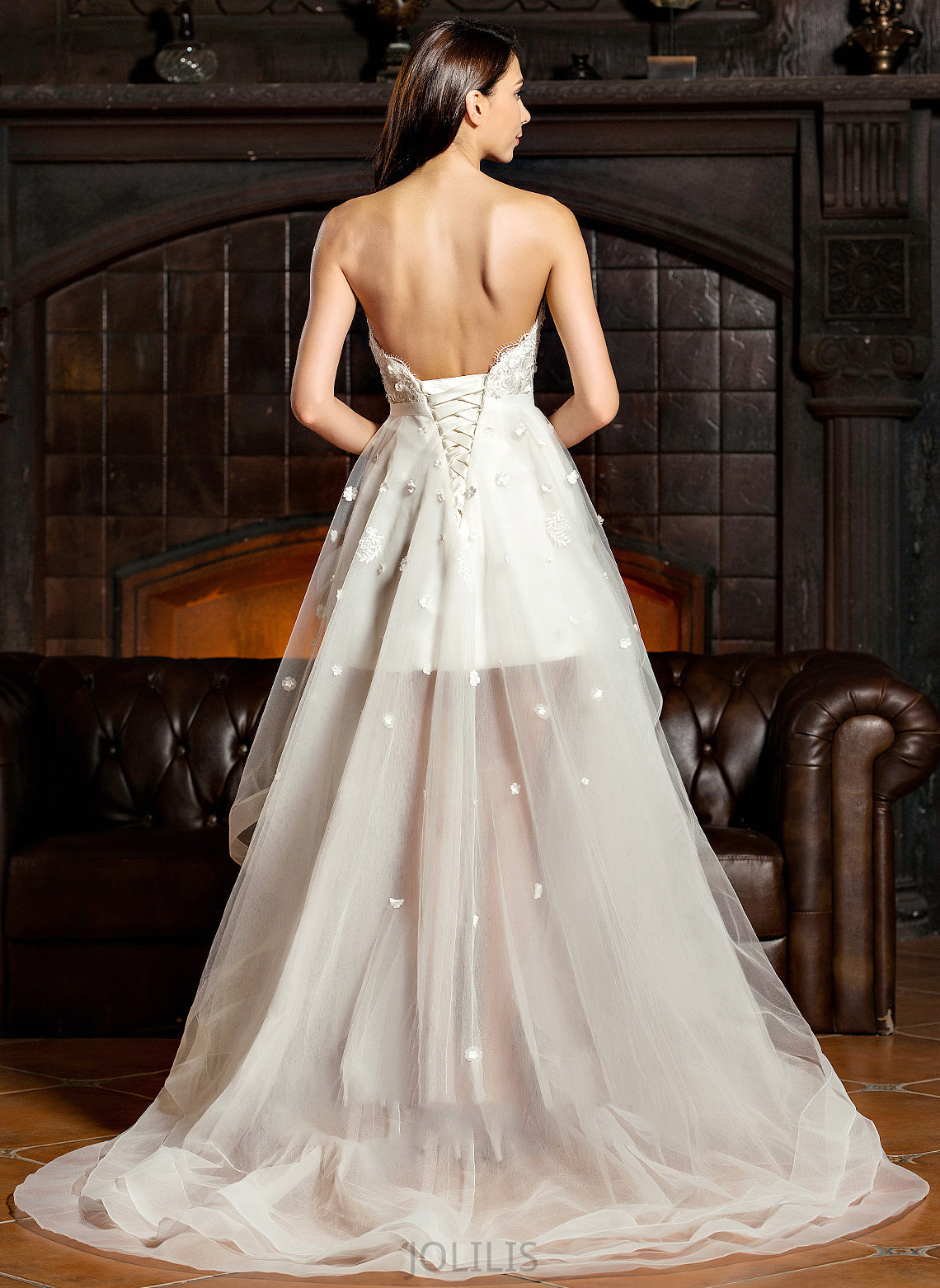 A-Line Beading Asymmetrical Tulle Sweetheart With Wedding Lola Wedding Dresses Dress Bow(s)