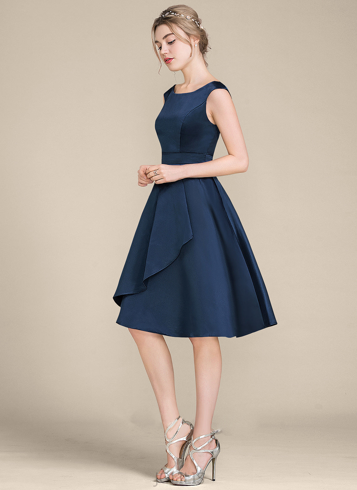 With Neck Satin Lilliana Homecoming Cascading Ruffles Dress Homecoming Dresses A-Line Scoop Knee-Length