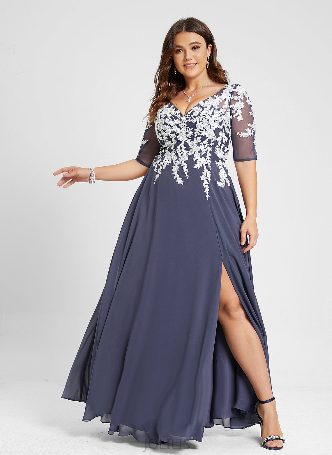 Glenda Chiffon Sequins Prom Dresses Lace With V-neck Floor-Length A-Line