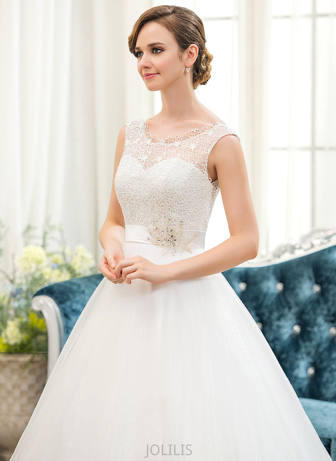 Sweep Mallory Train Scoop Neck Organza Ball-Gown/Princess Sequins Dress Wedding Lace Beading Wedding Dresses With