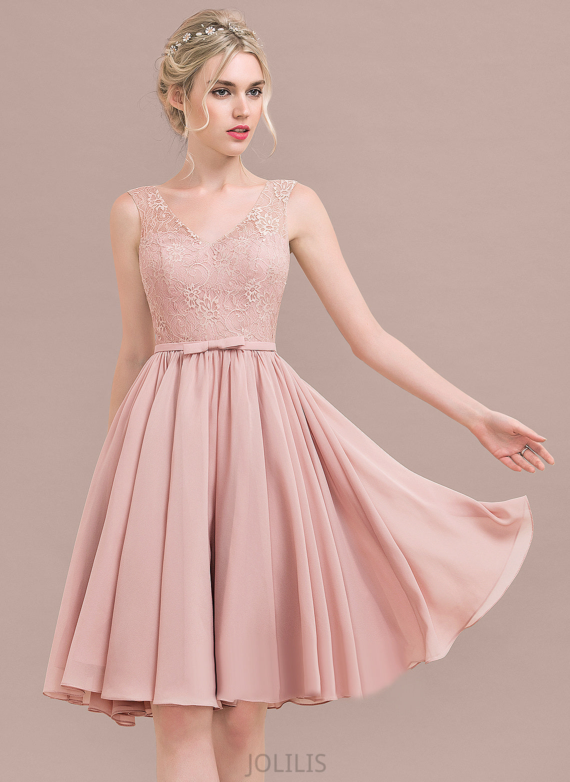 With Knee-Length Chiffon Lace Homecoming Dress Homecoming Dresses V-neck Lace Sam Bow(s) A-Line