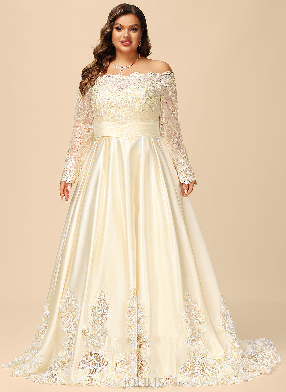 Ball-Gown/Princess Dress Off-the-Shoulder Train Sweep Juliette Lace Sequins Wedding Dresses Satin With Beading Wedding