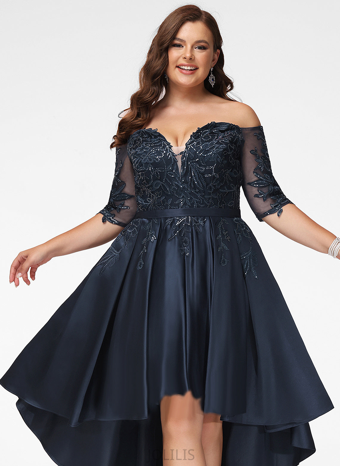 Lace A-Line Lynn Prom Dresses Asymmetrical Satin Off-the-Shoulder