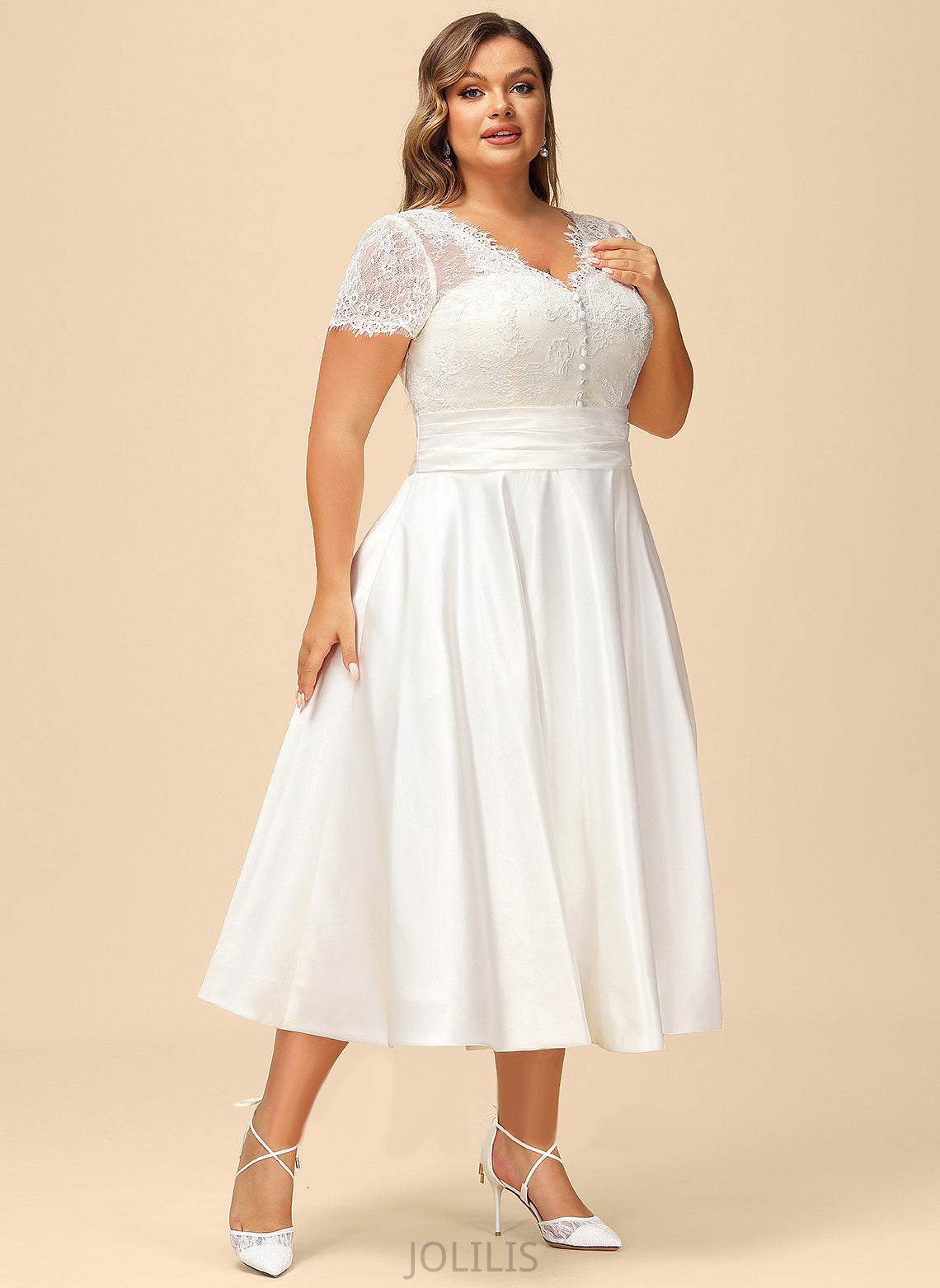 Dress Ruffle Margery A-Line Satin V-neck With Tea-Length Wedding Lace Wedding Dresses