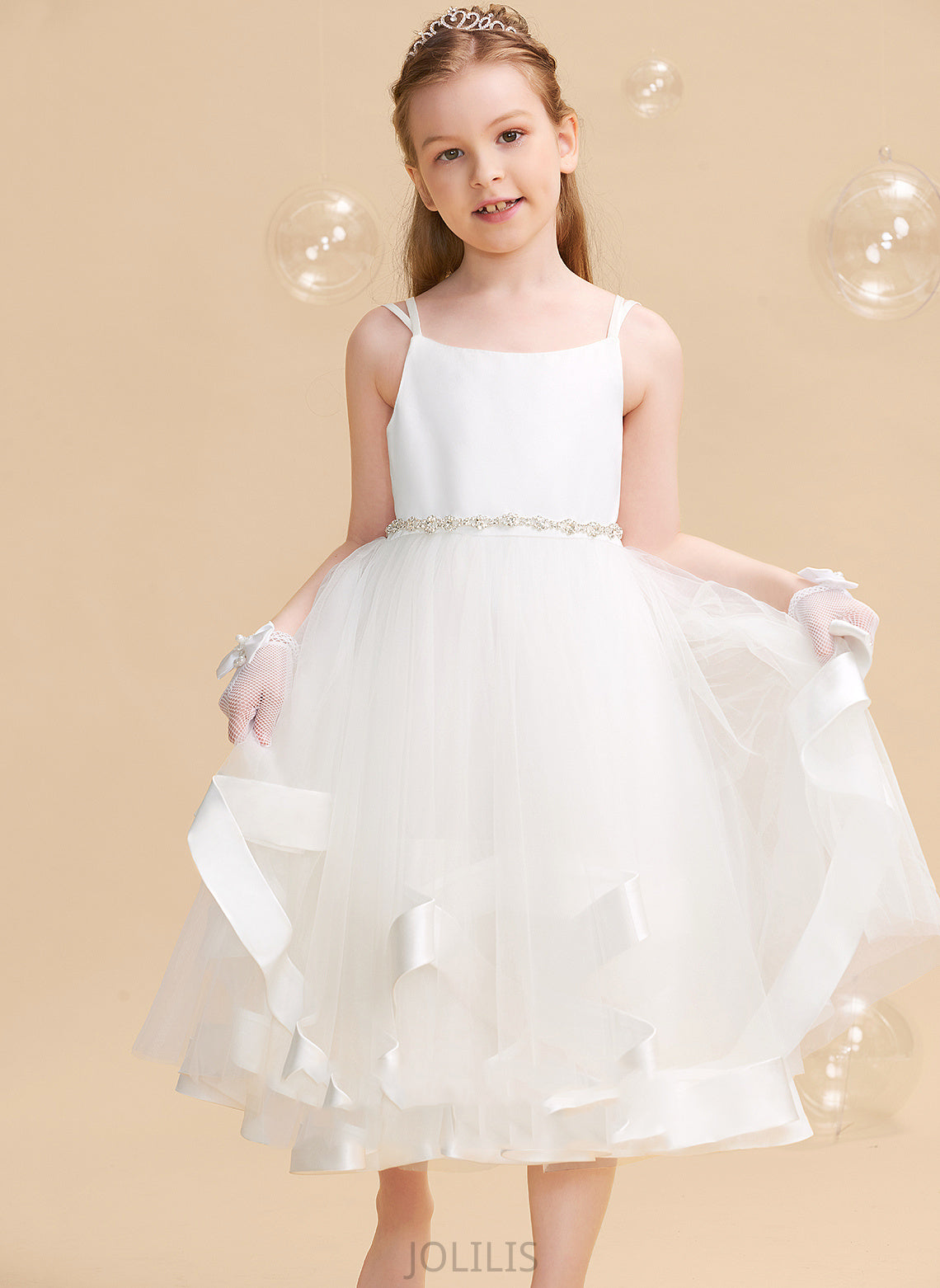 Straps A-Line Girl - Satin/Tulle Beading Flower Dress Tea-length Sleeveless Flower Girl Dresses Emery With