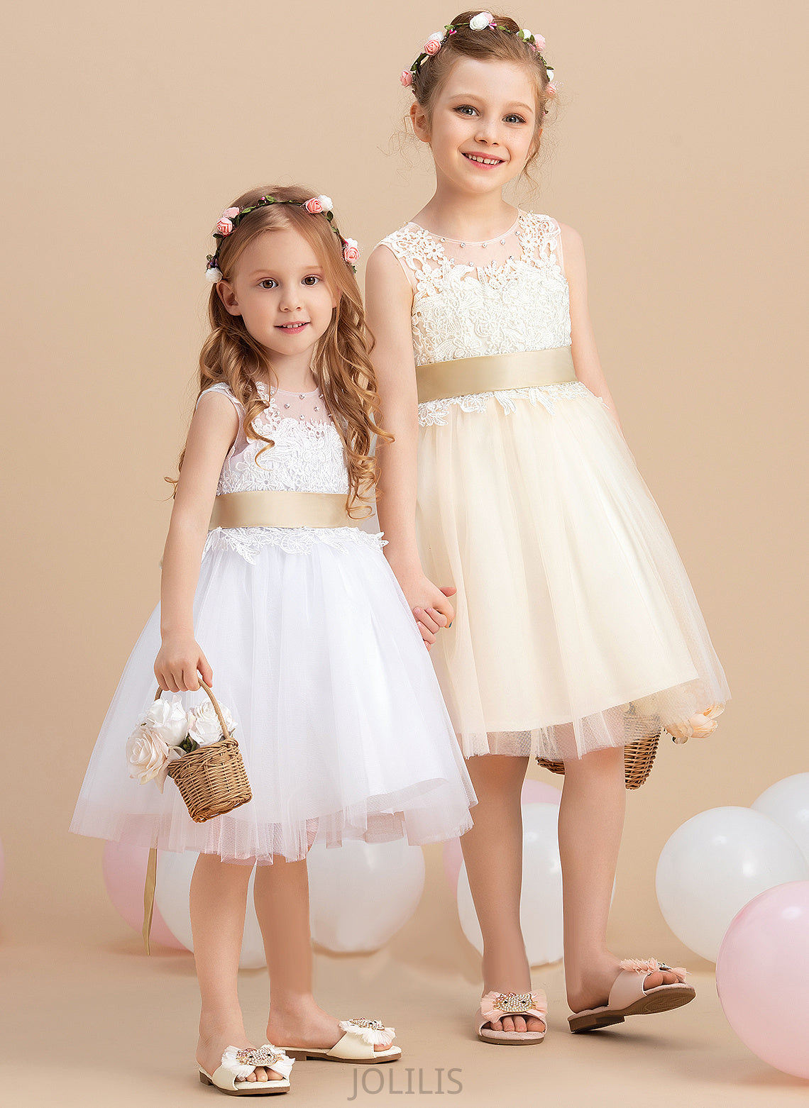 (Detachable Neck - Flower Girl Scoop Flower Girl Dresses Knee-length Tulle/Lace A-Line With Maryjane sash) Sleeveless Dress Sash/Beading/Back Hole