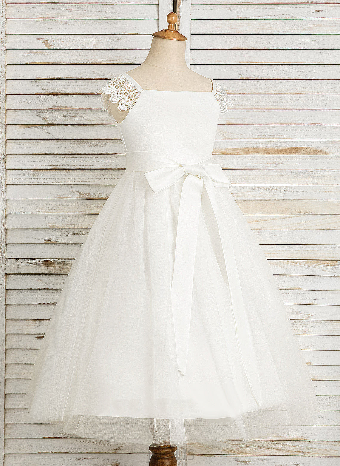 Lace/Sash Dress Sleeveless Girl Flower Girl Dresses Neckline Satin/Tulle A-Line - Square With Flower Christina Tea-length