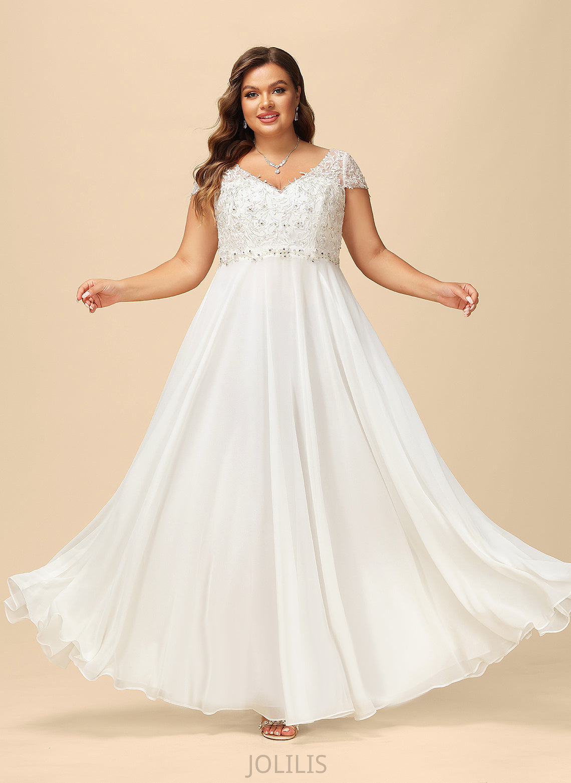 Dress Floor-Length Lace Beading Joanna Chiffon Wedding Wedding Dresses With V-neck Sequins A-Line