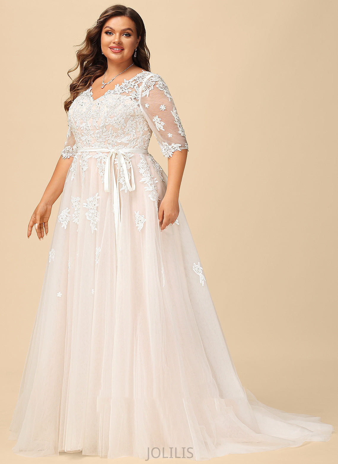 Bow(s) Wedding Beading Court V-neck Dress With Ball-Gown/Princess Lace Appliques Kaitlynn Satin Wedding Dresses Tulle Sequins Train