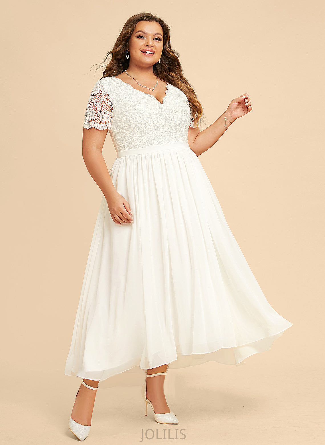 Asymmetrical Dress Wedding A-Line Juliet Wedding Dresses With Chiffon V-neck Lace