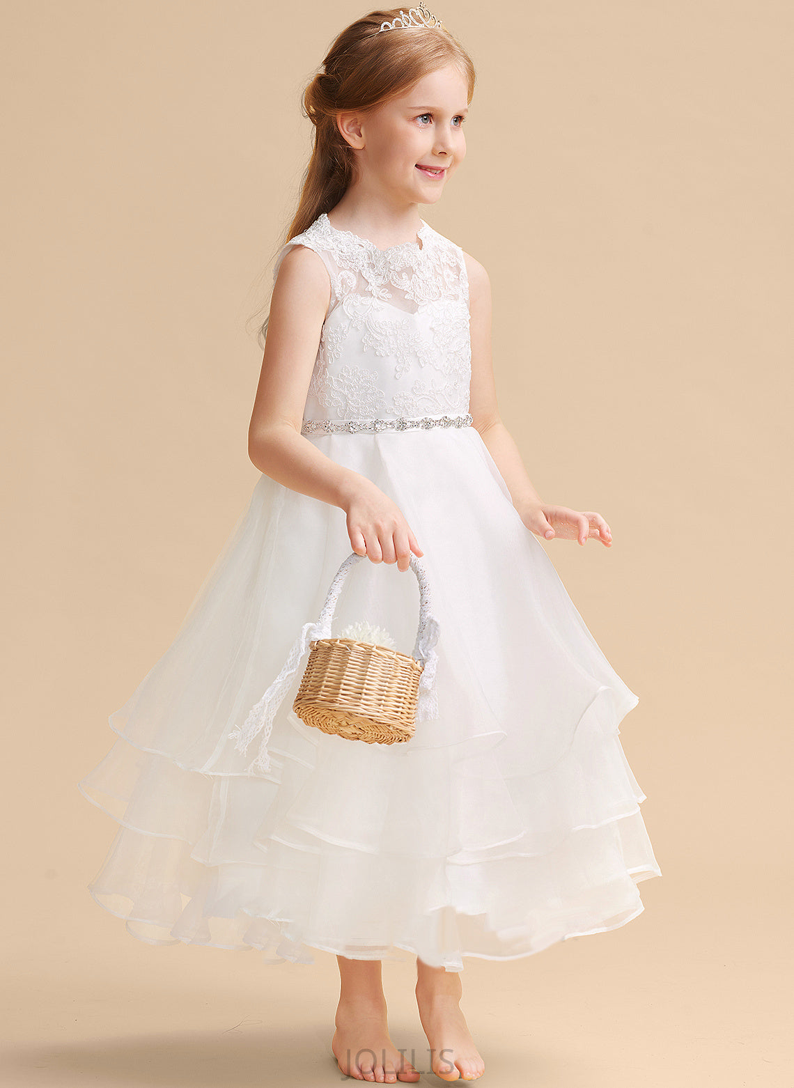 Essence Tea-length Flower Girl Dresses Sleeveless Neck With A-Line - Scoop Dress Flower Organza/Lace Beading/Rhinestone Girl