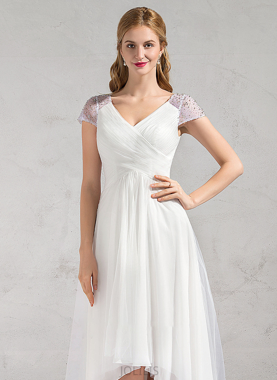 A-Line V-neck Asymmetrical Tulle Lacey Dress Ruffle Sequins Beading Wedding Dresses With Wedding