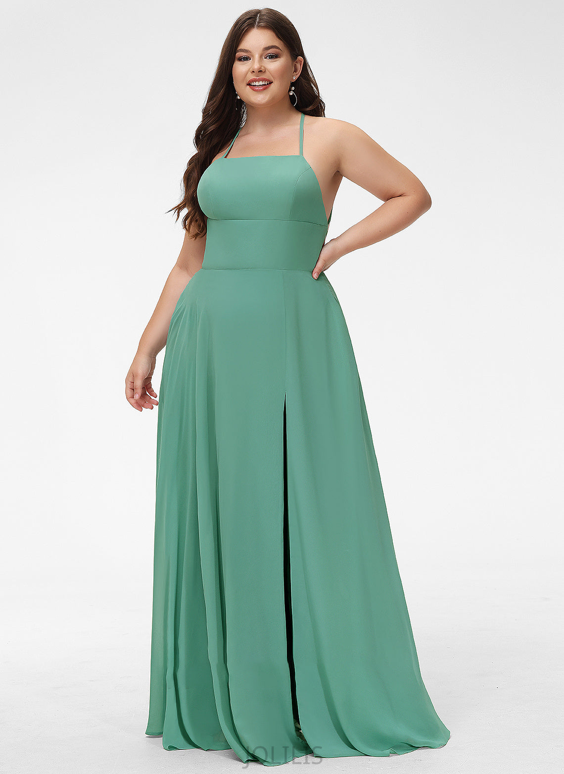 Floor-Length Prom Dresses Split Daniela Square Pockets Front Neckline A-Line Chiffon With