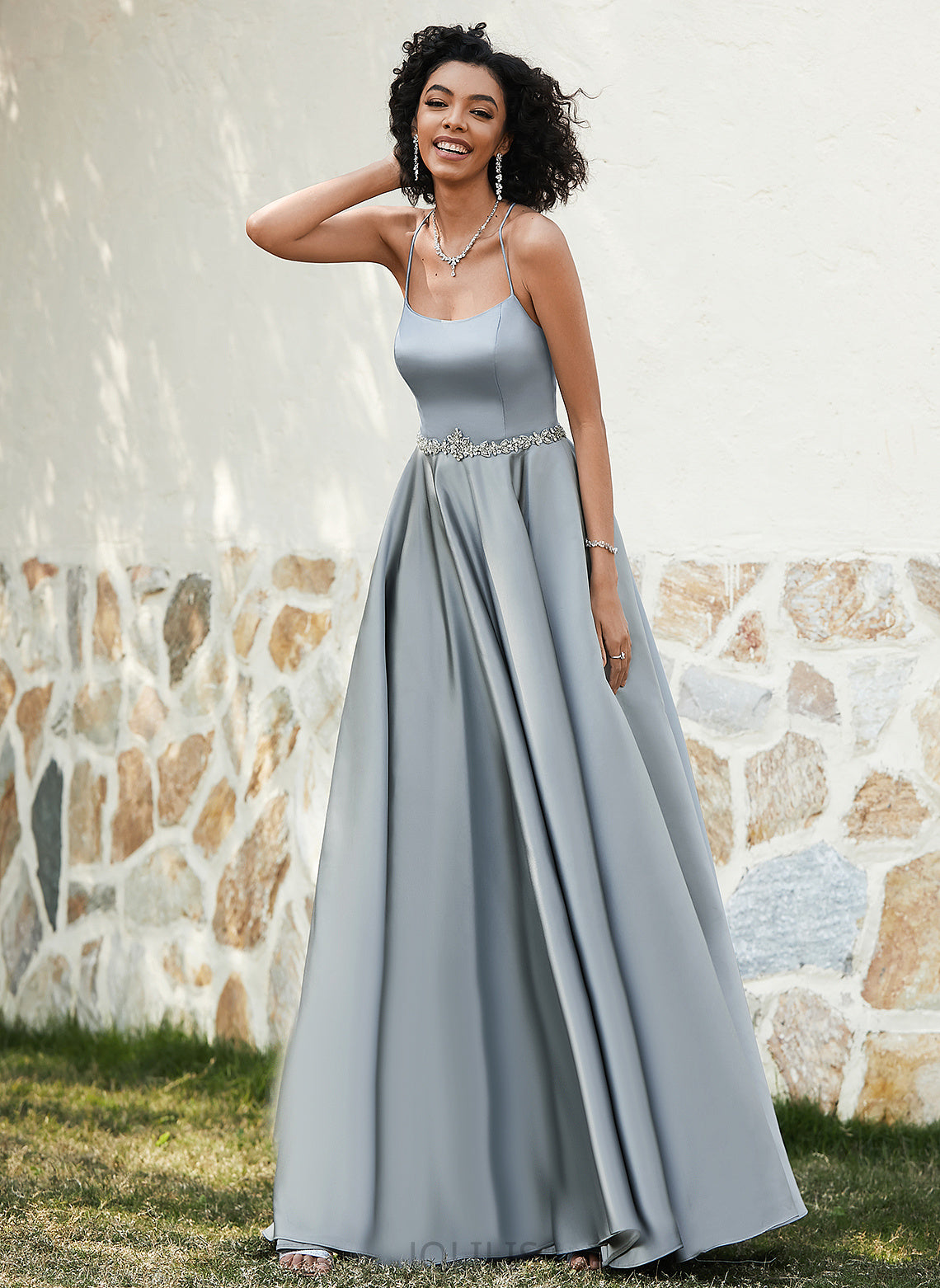 Prom Dresses Scoop Satin Floor-Length With A-Line Giuliana Beading