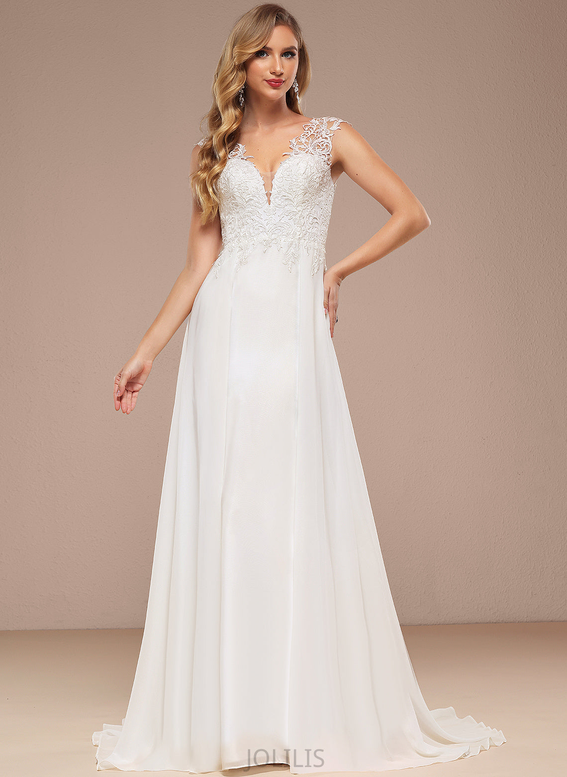 Chiffon Lace Train Wedding A-Line V-neck Tessa Wedding Dresses Sweep Dress