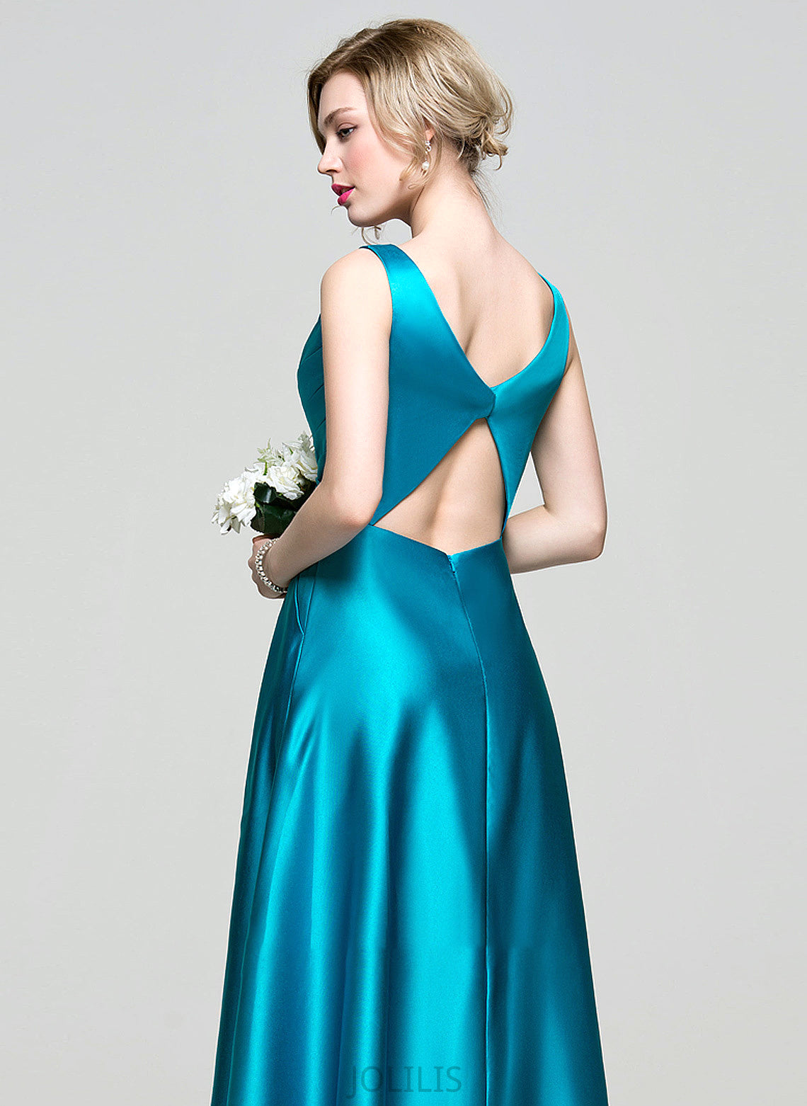 Ball-Gown/Princess V-neck Ruffle Pockets Satin With Floor-Length Neveah Prom Dresses