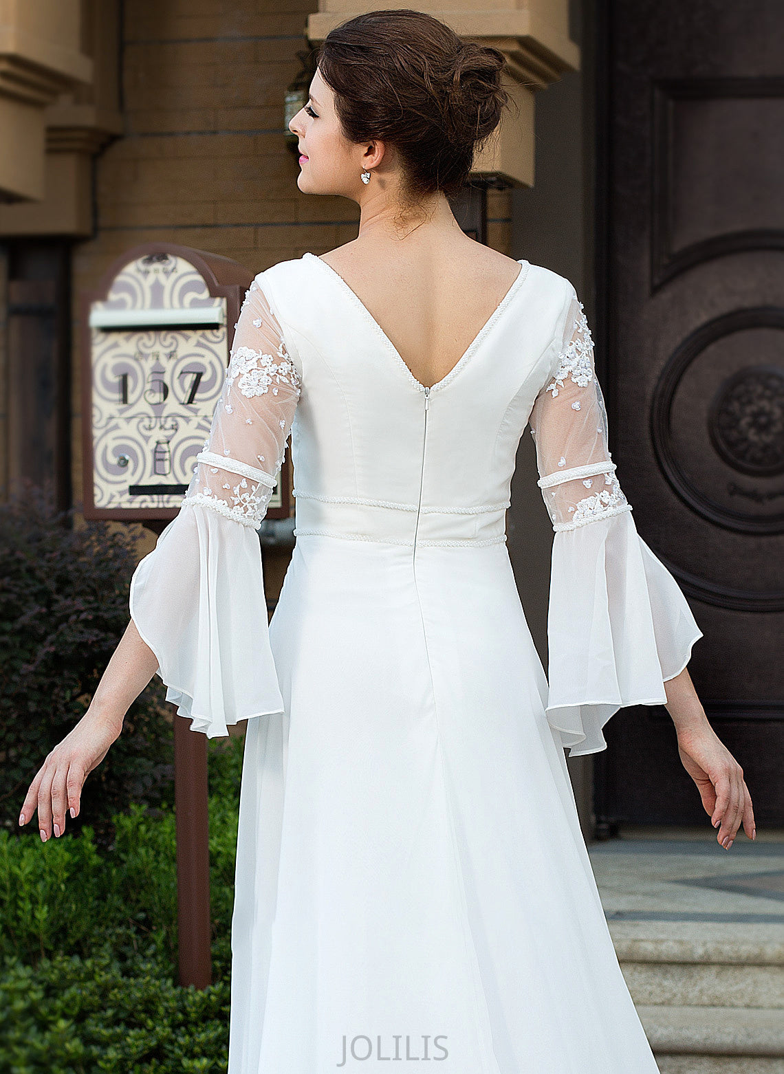 Beading Kailee Court Chiffon Wedding Wedding Dresses A-Line Lace V-neck With Dress Train