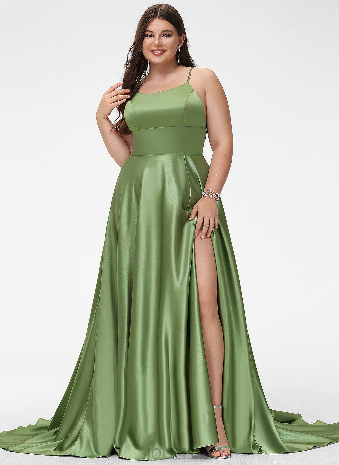 Scoop Sweep A-Line Miley Satin Prom Dresses Train