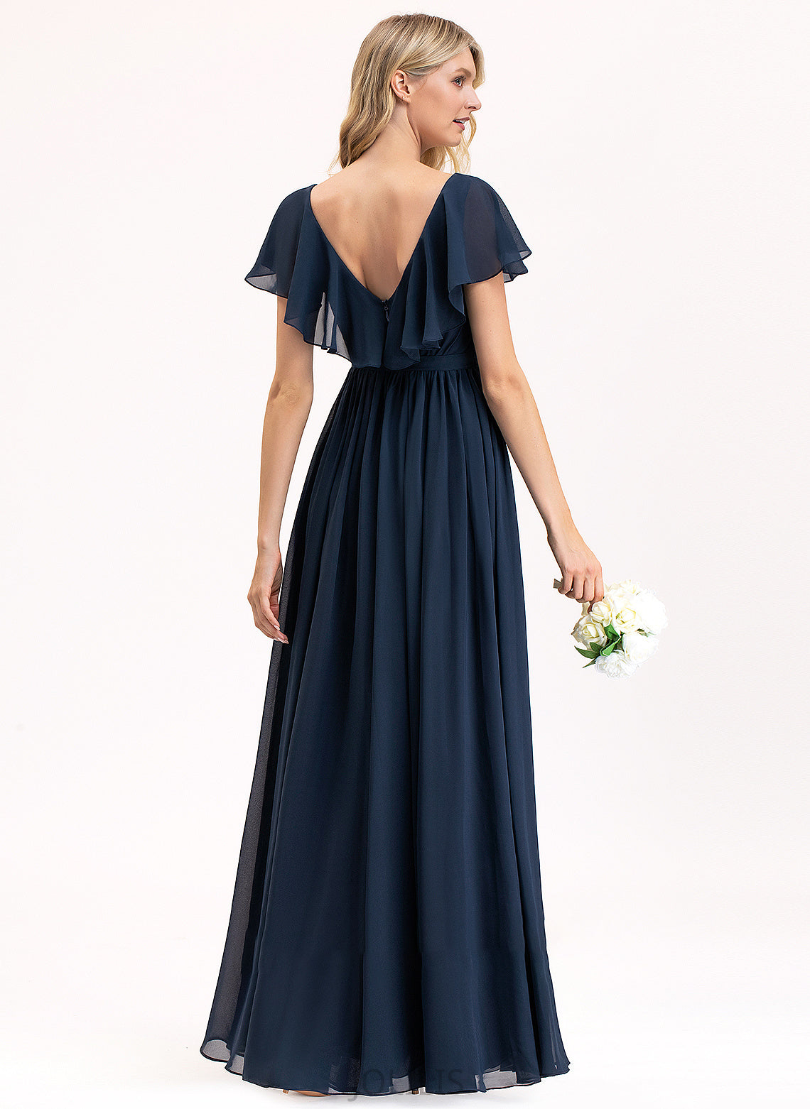 A-Line V-neck Mariela Cascading Bow(s) Chiffon Floor-Length Split With Ruffles Front Prom Dresses