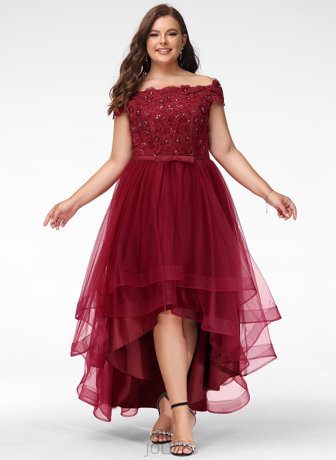 Lace Beading Prom Dresses Tina A-Line Asymmetrical Bow(s) Tulle Sequins With Off-the-Shoulder