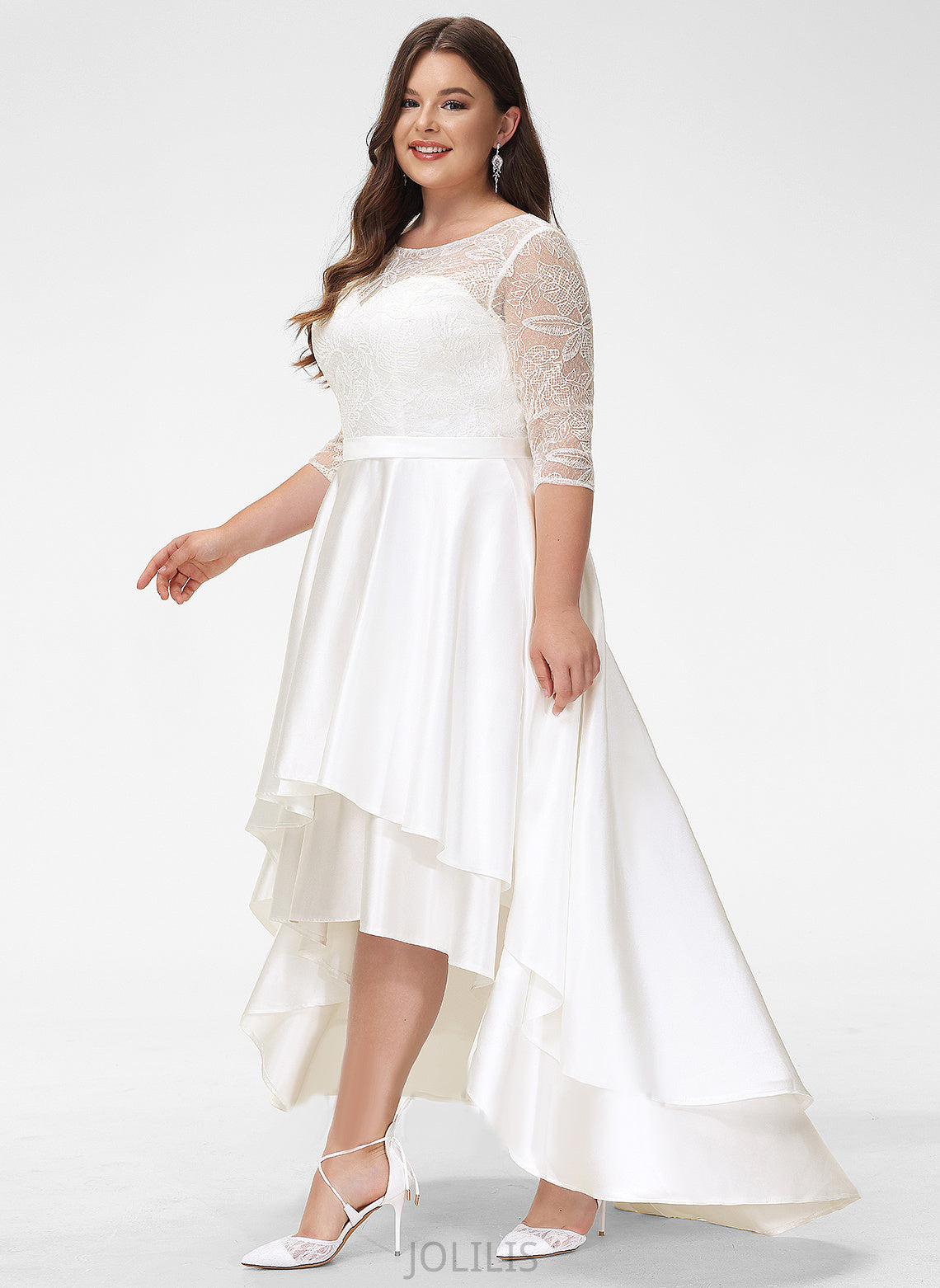 Asymmetrical Satin Wedding Dresses Lace A-Line Karla Wedding Scoop Dress