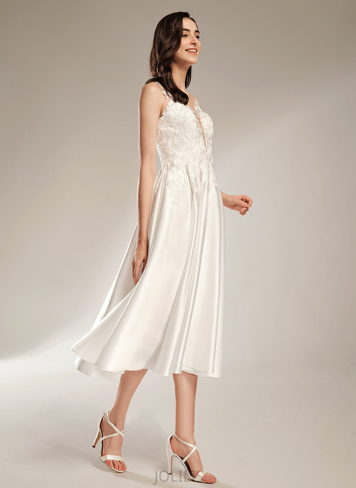 A-Line With V-neck Raquel Wedding Tea-Length Pockets Dress Wedding Dresses Satin Lace