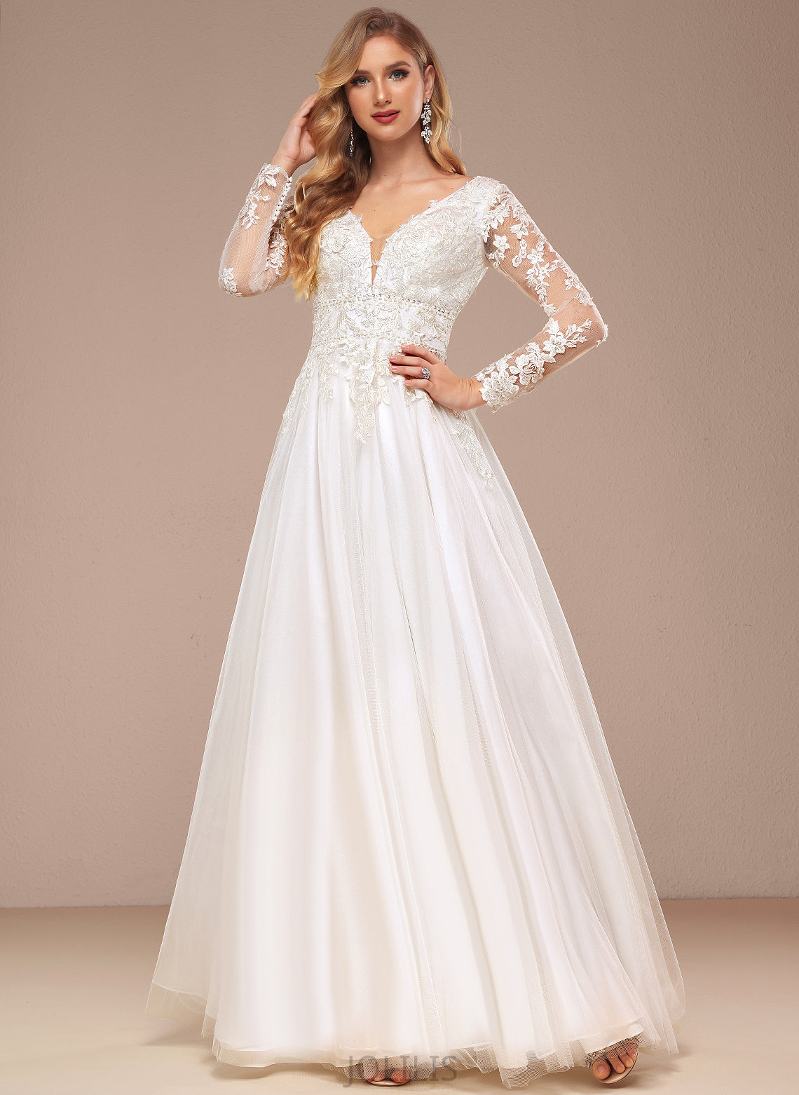 Wedding Dresses A-Line Wedding Lace Beading Dress With V-neck Abril Floor-Length Tulle Sequins