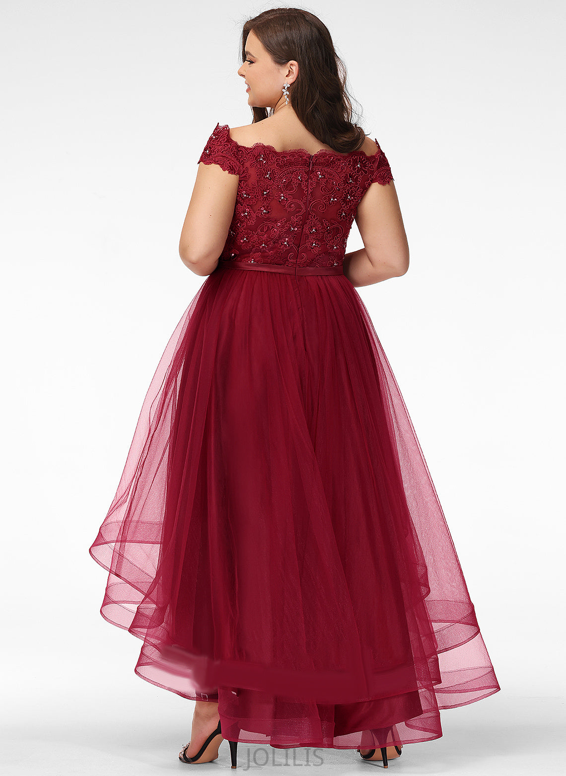 Lace Beading Prom Dresses Tina A-Line Asymmetrical Bow(s) Tulle Sequins With Off-the-Shoulder