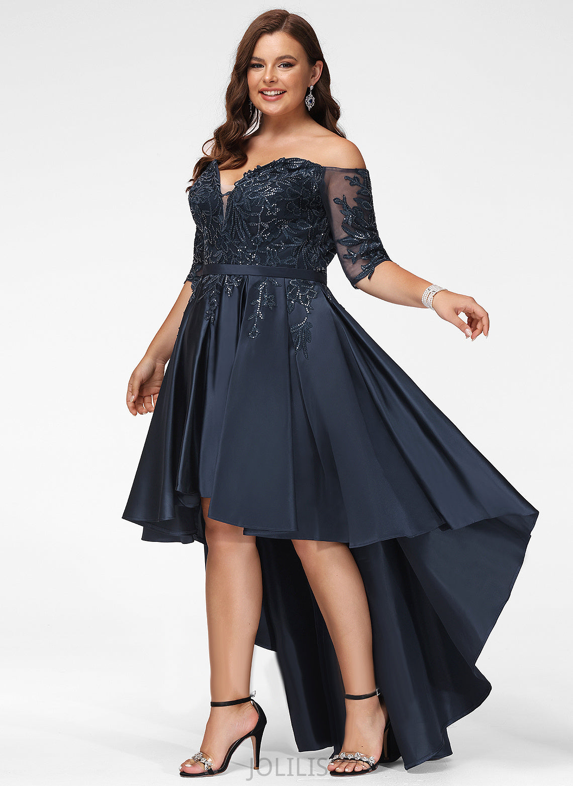 Asymmetrical Prom Dresses Larissa A-Line Sequins Satin Lace Off-the-Shoulder With