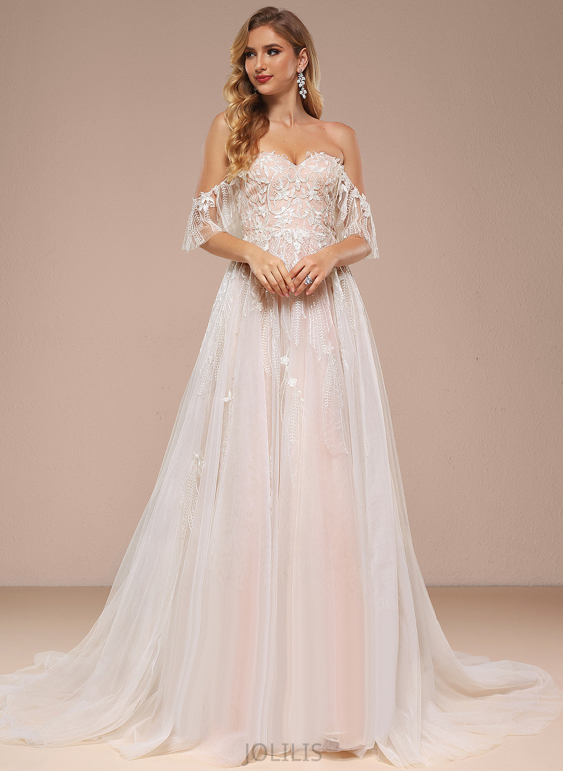 Tulle Lace Wedding Dresses Helen Wedding Off-the-Shoulder With Court Train Sequins Ruffle Dress Sweetheart Ball-Gown/Princess