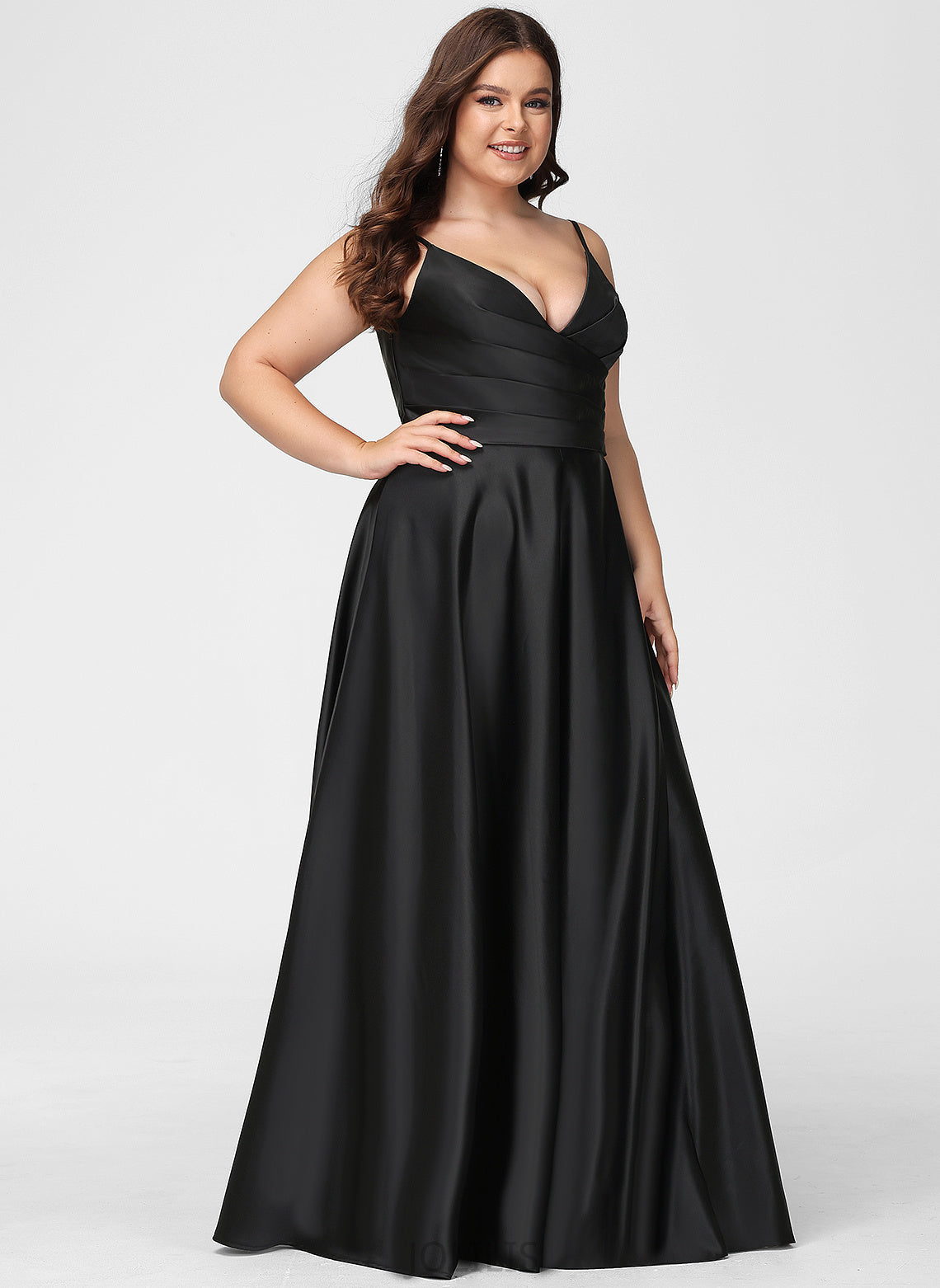 Jordin A-Line Satin Floor-Length V-neck With Prom Dresses Ruffle