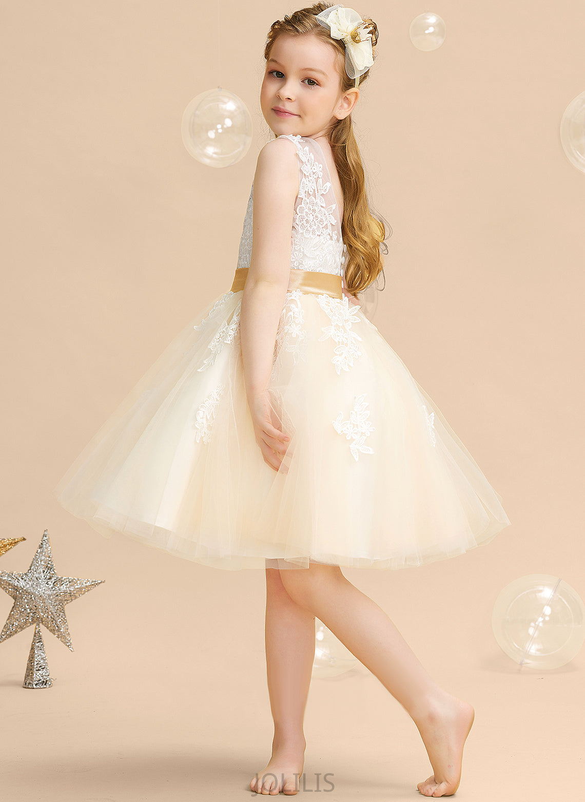 Back With Flower Girl Dresses A-Line Sleeveless Appliques/V Flower Girl Addyson - Neck Satin/Tulle/Lace Dress Scoop Knee-length