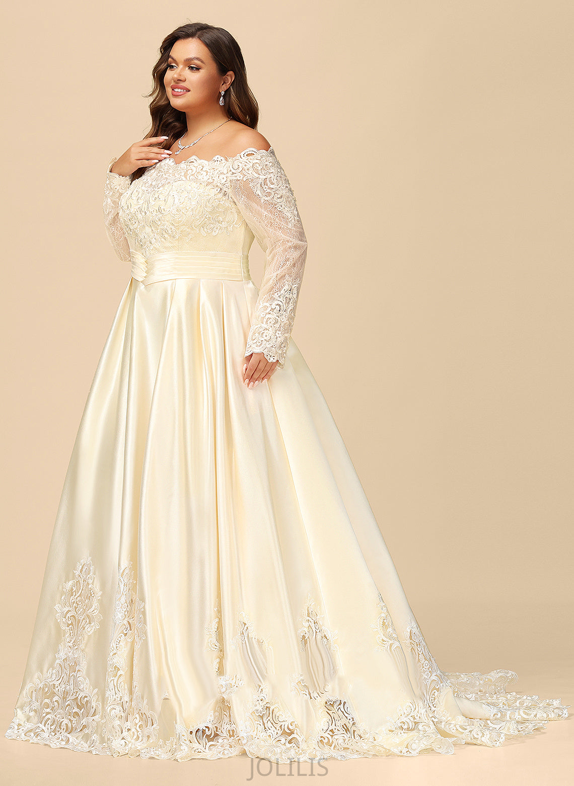 Ball-Gown/Princess Dress Off-the-Shoulder Train Sweep Juliette Lace Sequins Wedding Dresses Satin With Beading Wedding