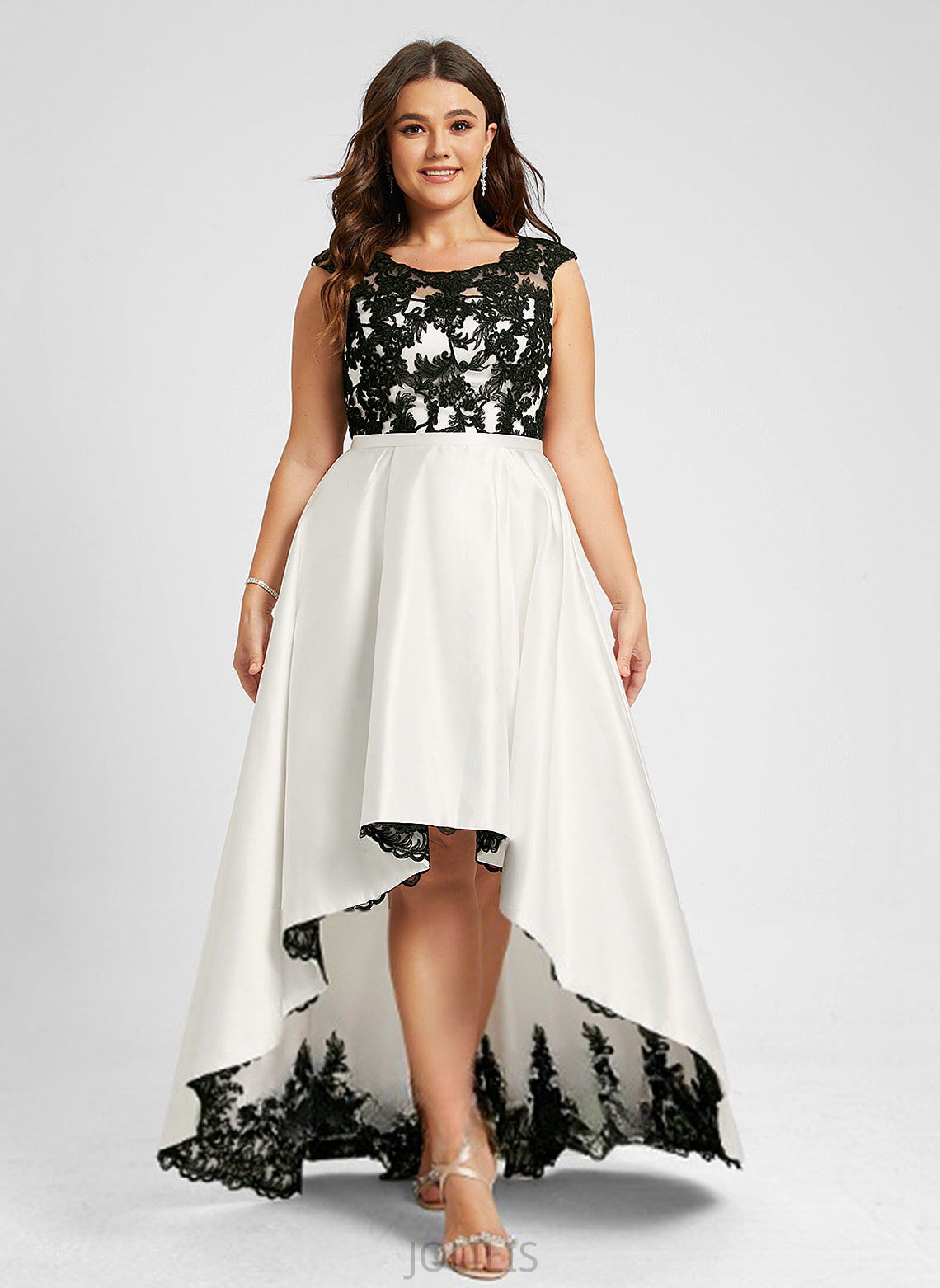 Asymmetrical Scoop Illusion Lace Satin Margery Prom Dresses A-Line