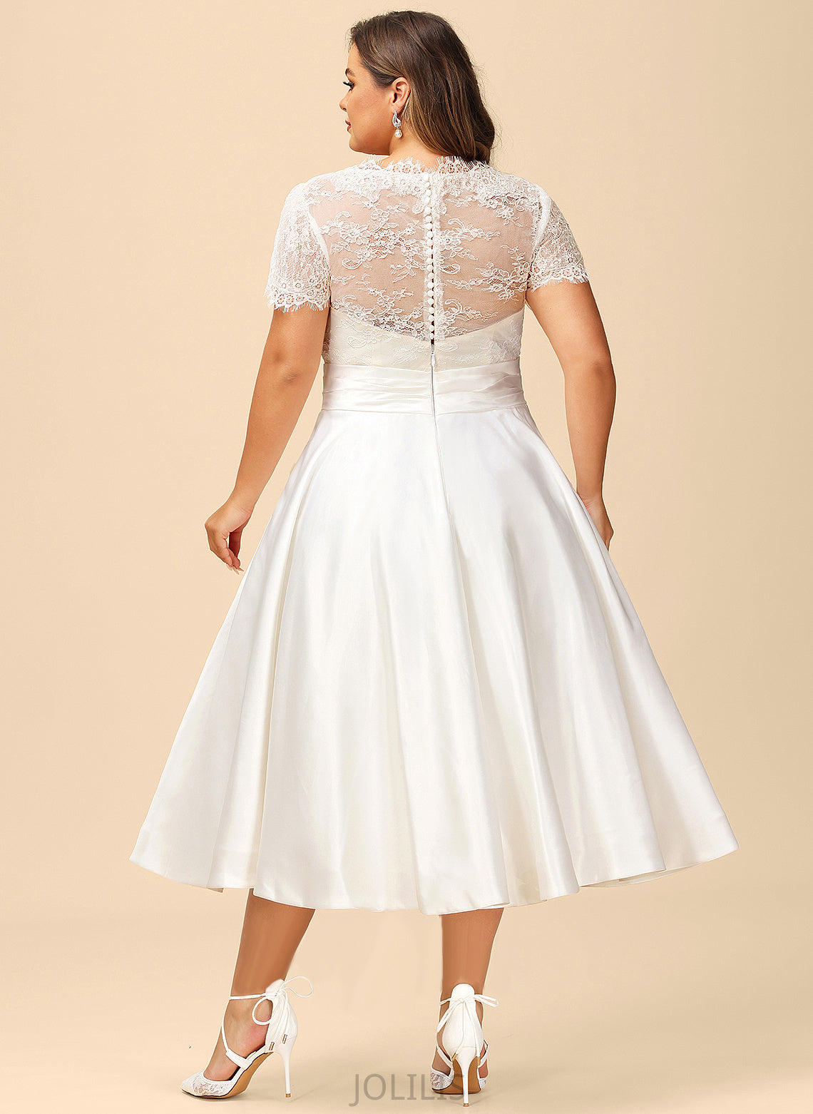 Norma With Wedding Dresses Dress A-Line V-neck Satin Pockets Ruffle Lace Tea-Length Wedding