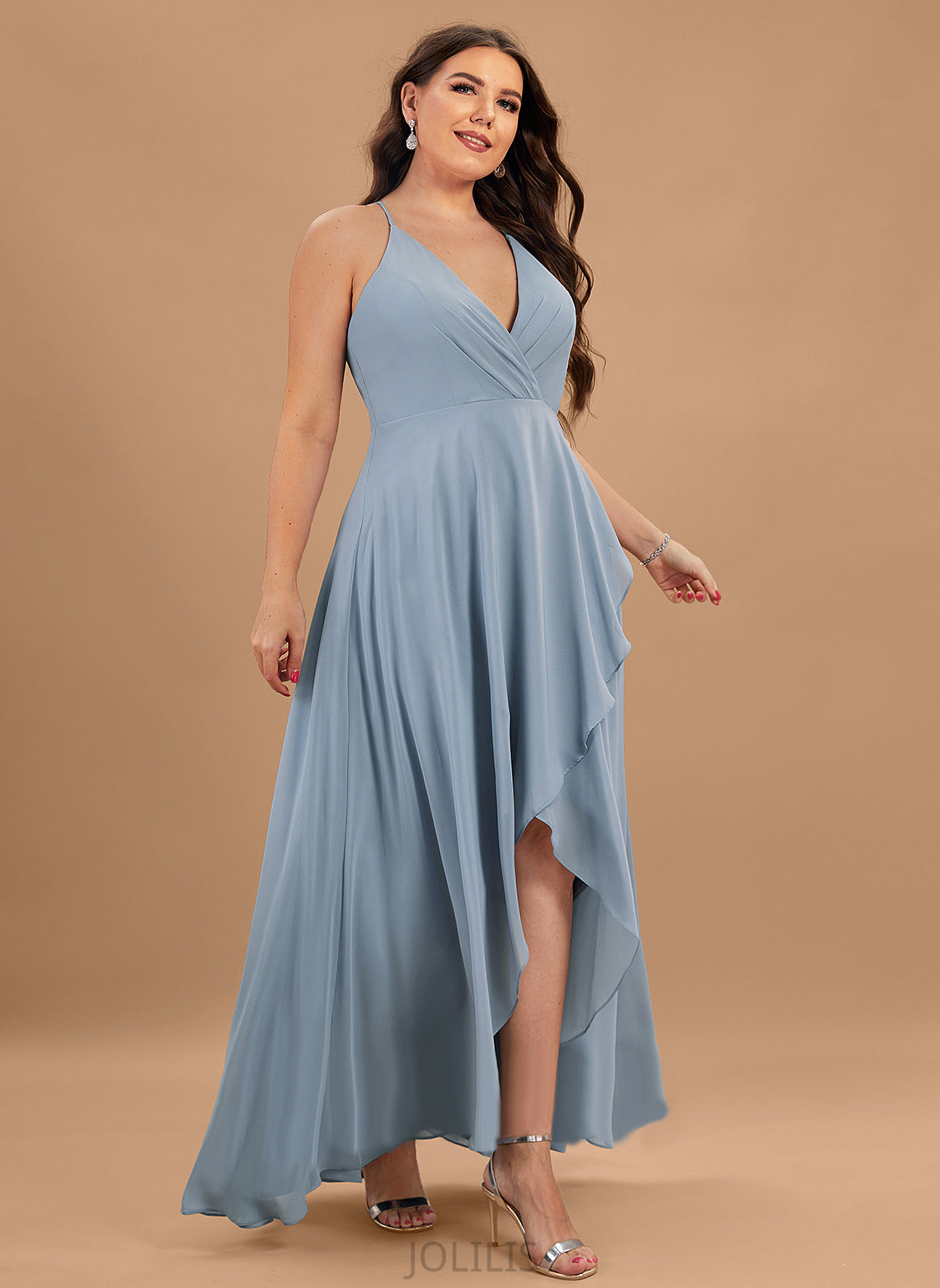 Chiffon Gabrielle Asymmetrical V-neck Prom Dresses A-Line