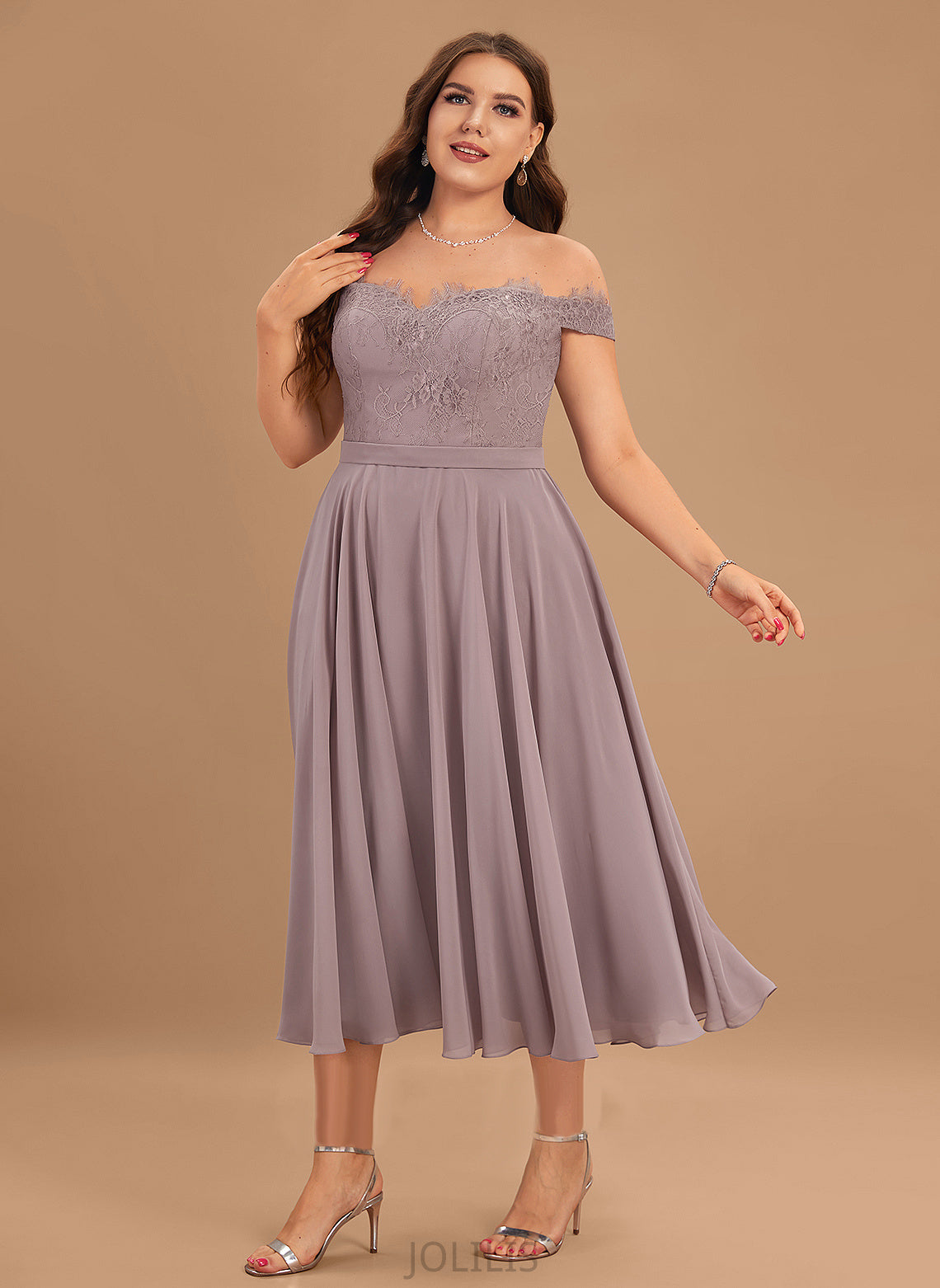 With A-Line Dress Beading Lace Homecoming Dresses Homecoming Off-the-Shoulder Tea-Length Lily Chiffon