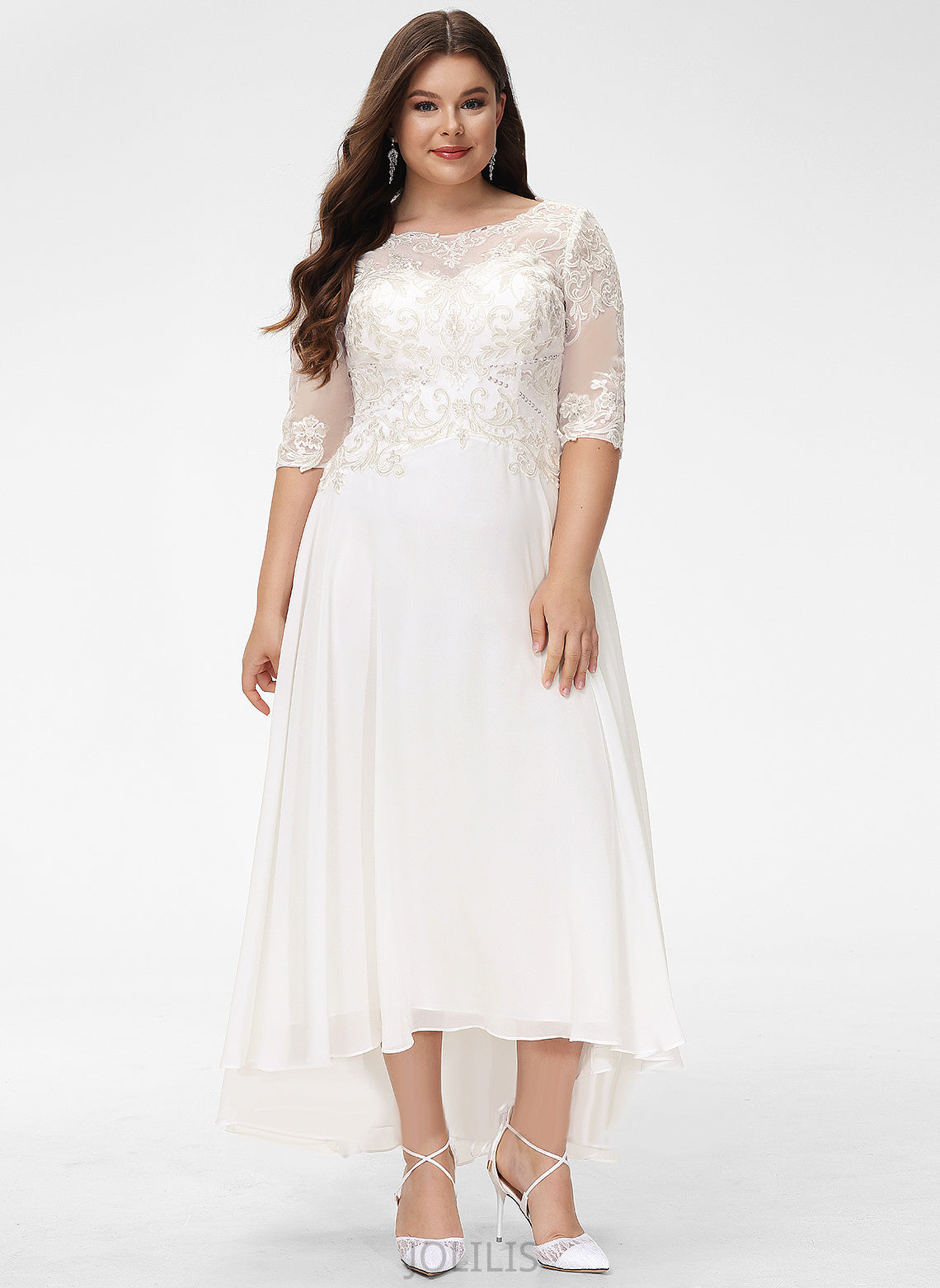 Cristal Dress Lace Sequins Wedding Dresses Neck Asymmetrical A-Line Wedding Beading With Scoop Chiffon