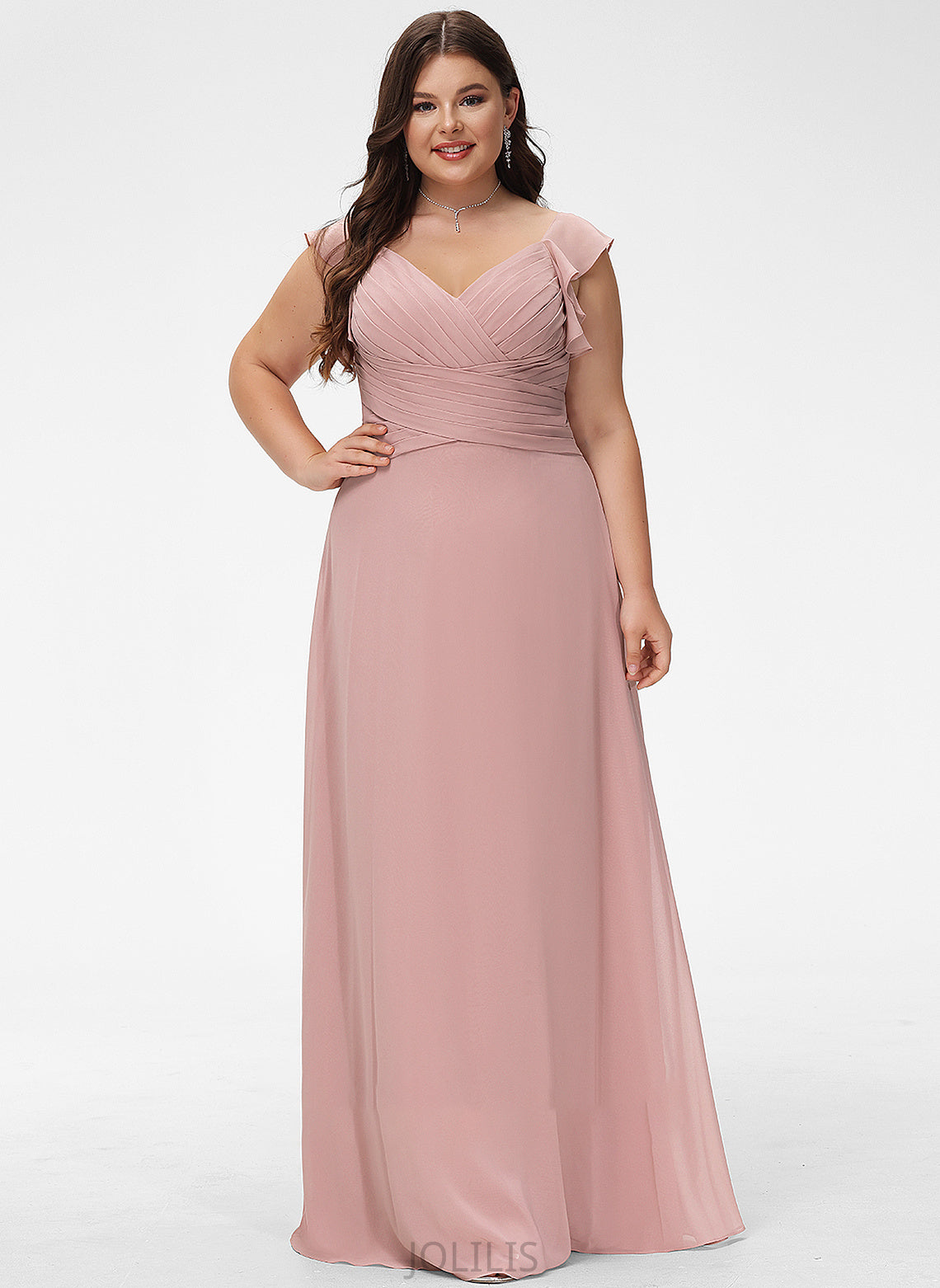 Empire Cascading Ruffles Floor-Length Chiffon V-neck Kathy With Prom Dresses