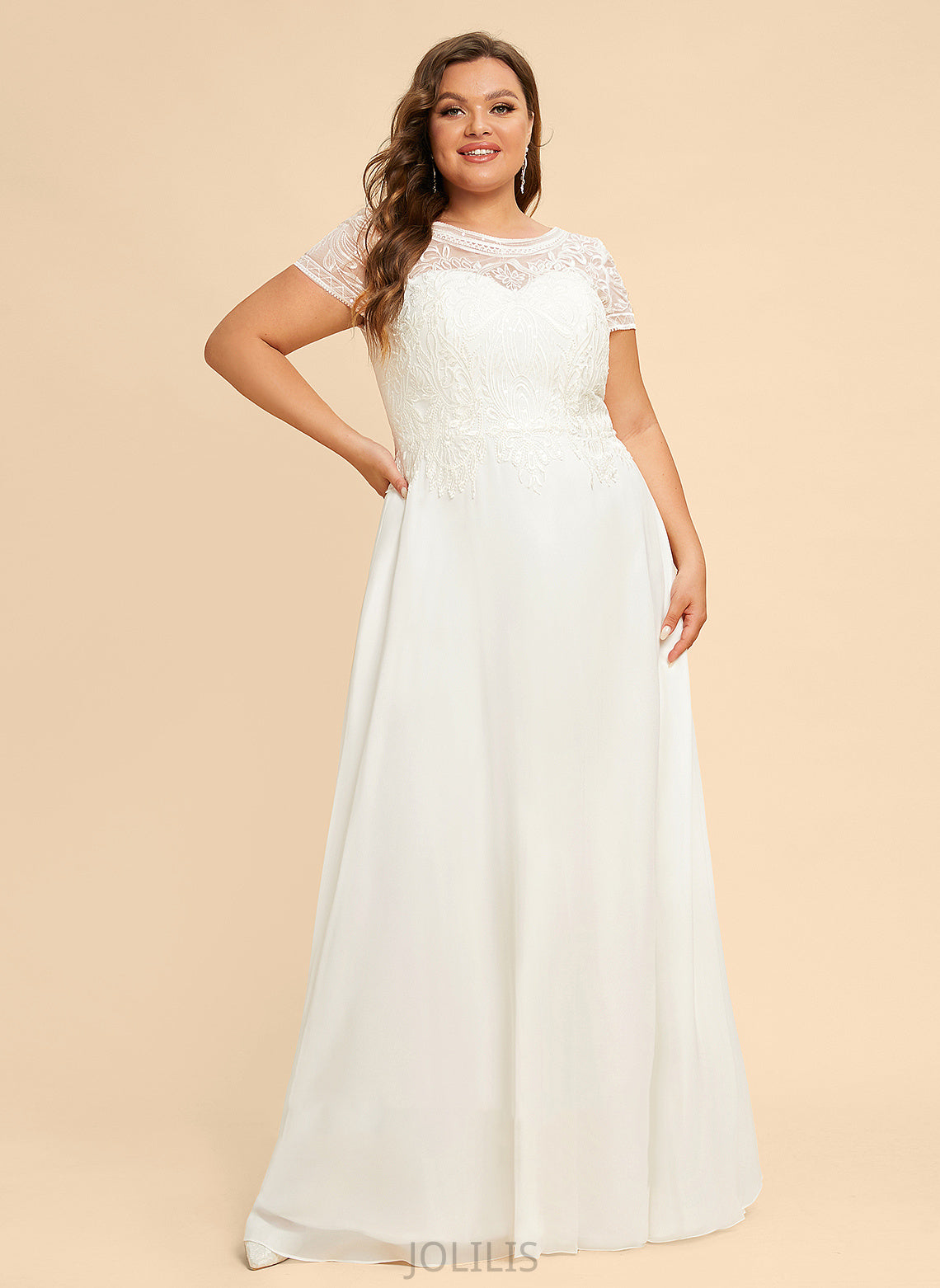 Chiffon Sequins Neck Dress Ada Wedding Dresses With Scoop Lace Wedding Floor-Length